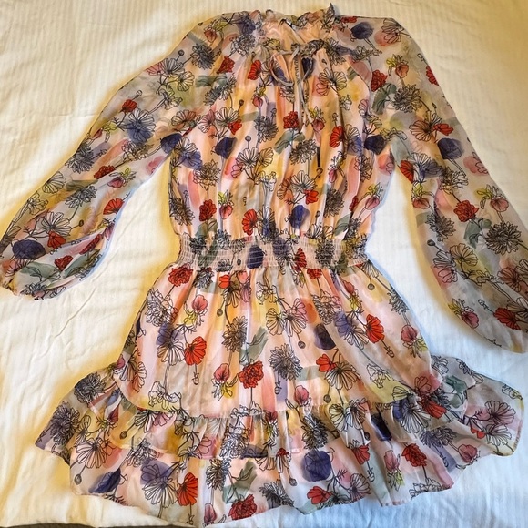 NSR Floral Long Sleeve Ruffle Neck Dress Smocked Waist - Picture 2 of 9